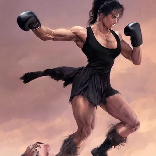 Image similar to an action photo of a black haired woman in a black tank top fighting a man, rocky movie, muscular upper body, abs, d & d, fantasy, intricate, elegant, highly detailed, digital painting, artstation, concept art, smooth, sharp focus, illustration, art by artgerm and greg rutkowski and alphonse mucha