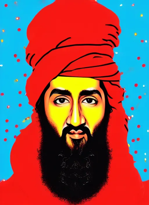 Prompt: nake d bin laden. pop art, no duplicate image, glowing lights, highly detailed, digital painting, artstation, concept art, smooth, sharp focus, illustration, art by richard hamilton and mimmo rottela