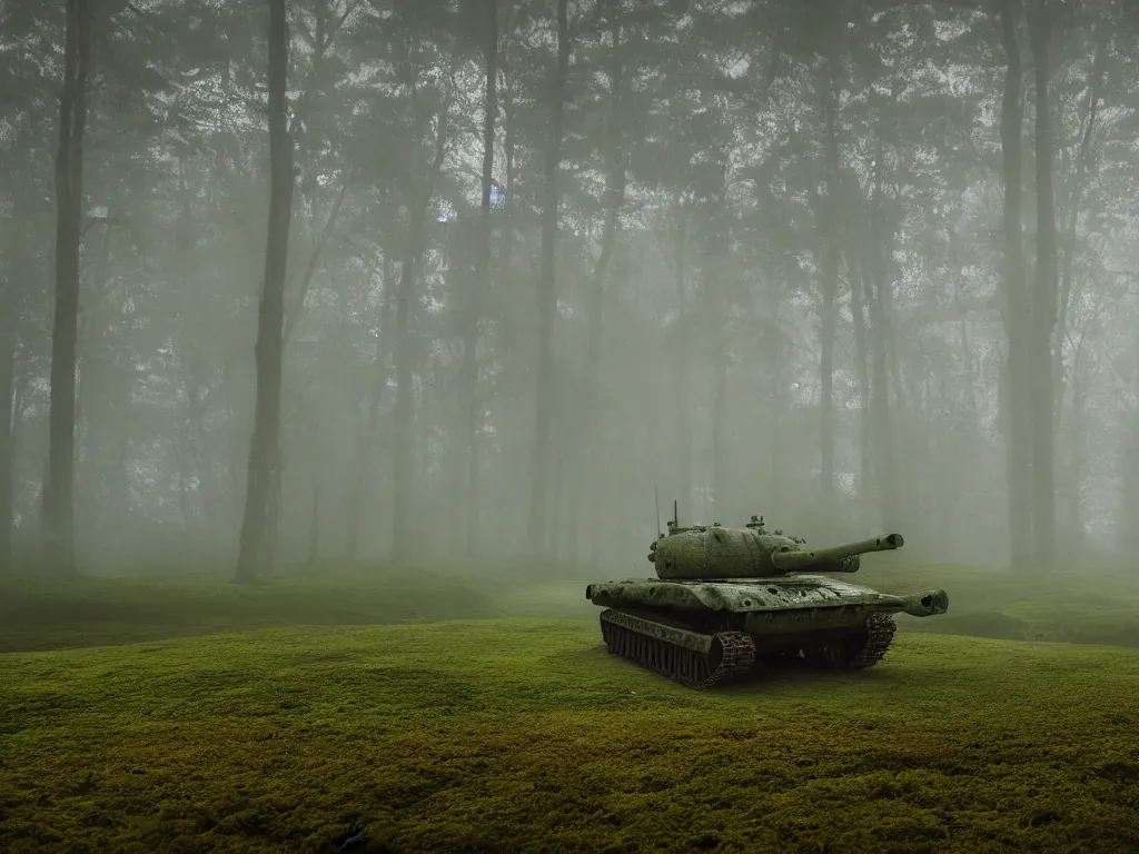 Image similar to damaged tank drives through foggy moss, realistic, tilt shift style, 4 k, ue 5, lense flair, light rays, cinematic light, by michael bay