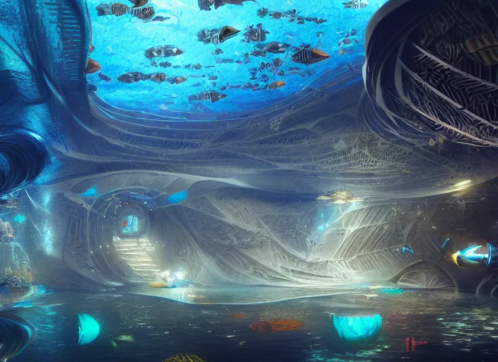 Image similar to favela spaceship cathedral, underwater environment, sorcery, scenery, professional, award - winning, trending on artstation, hyper detailed, realistic, beautiful, emotional, shiny, colorful, picture