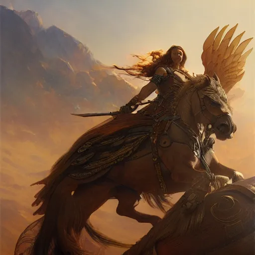 Image similar to an extremely detailed matte painting leroy jenkins as a terrifying valkyrie descending from valhalla on a pegasus, 8 k, sharp focus, detailed face, art by greg rutkowski and alphonse mucha