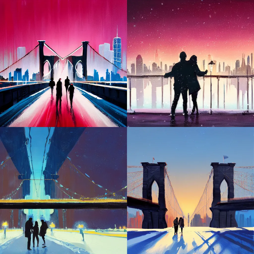 Prompt: acrylic painting of a silhouette of a couple at the brooklyn bridge at sunset in the snow by anton fadeev, Ted Nasmuth, Jessica Rossier, Christian Dimitrov, and Greg Rutkowski trending on artstation