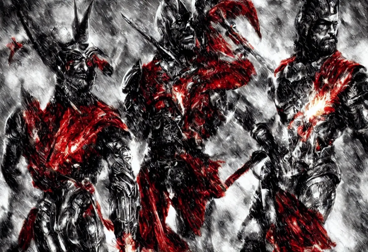 Image similar to leonidas king zack snyder artwork battle large scale wearing helmets raining fire swords and spears red capes battle scarred helmets