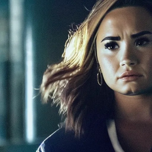 Prompt: close-up of Demi Lovato as a detective in a movie directed by Christopher Nolan, movie still frame, promotional image, imax 70 mm footage