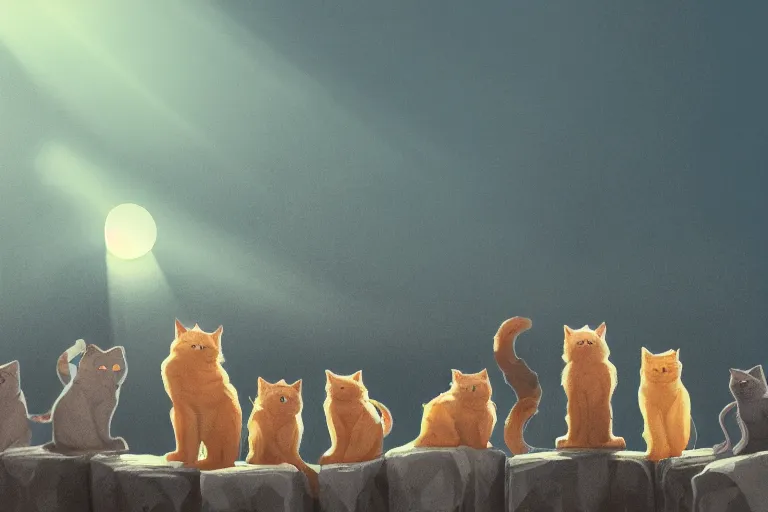 Prompt: cat standing on a rock in front of a crowd of cats, backlighting, digital art, trending on artstation, fanart