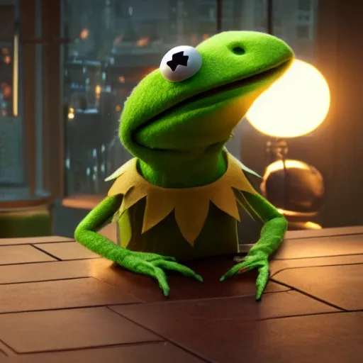 Image similar to a still of kermit the frog in avengers movie, cory volumetric light, detailed, octane render