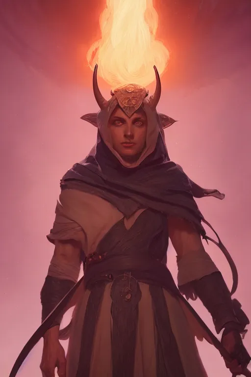 Prompt: a tiefling wizard, highly detailed, digital painting, artstation, concept art, smooth, sharp focus, illustration, Unreal Engine 5, 8K, art by Ross Tran and greg rutkowski and alphonse Mucha