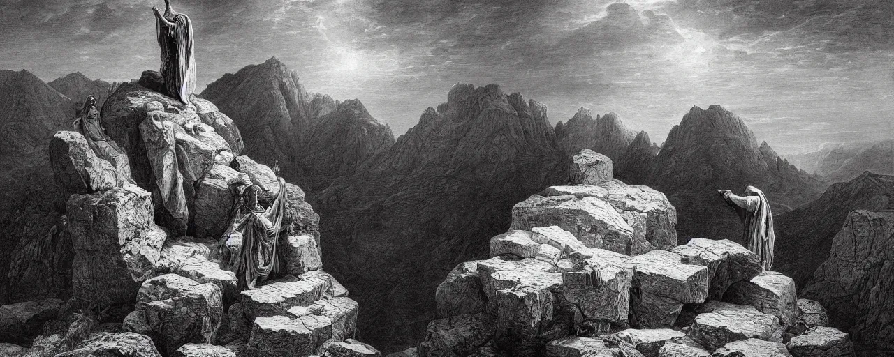 Image similar to medium shot of moses on top of a mountain holding up in the air two stone tablets, people below the mountain looking at him, photorealistic, highly detailed, texture, soft light, dramatic, moody, ambient, painting by gustave dore