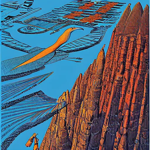 Image similar to A bird's-eye view by jean giraud detailed illustration