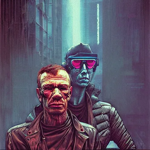 Prompt: cyberpunk sonny barger and hunter thompson by beksinski and tristan eaton, dark neon trimmed beautiful dystopian digital art