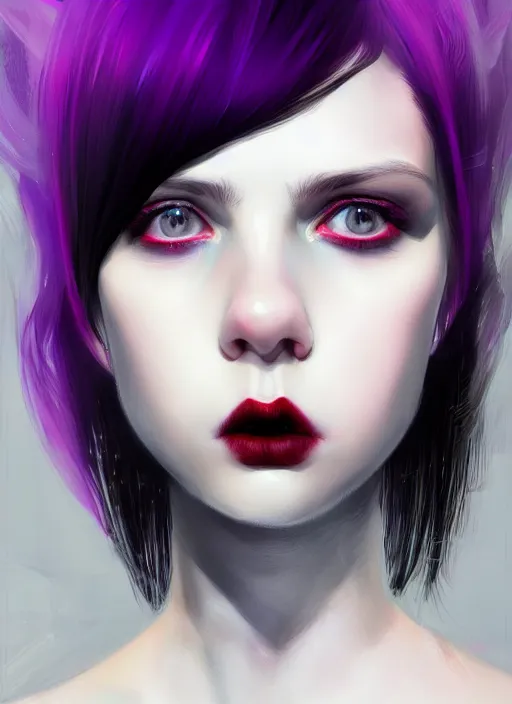 Image similar to portrait of white teenage girl, normal face, black bangs, mall goth, cyberlox, black and white hair, bangs, fluffy bangs, red contacts, purple lipstick, intricate, elegant, highly detailed, digital painting, artstation, concept art, sharp focus, smooth, illustration, art by wlop, mars ravelo and greg rutkowski