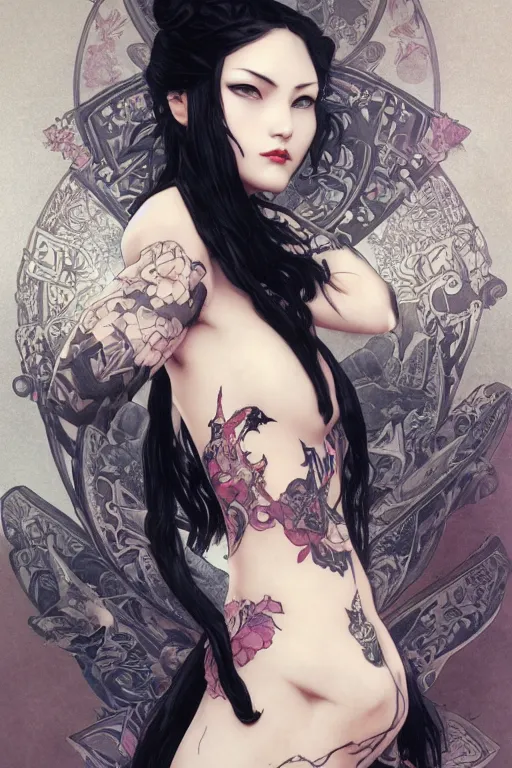 Image similar to goth yakuza girl tattoos, intricate, elegant, highly detailed, digital painting, artstation, concept art, smooth, sharp focus, illustration, art by artgerm and greg rutkowski and alphonse mucha and william-adolphe bouguereau