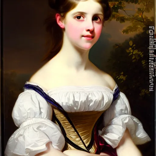 Image similar to portrait of a german teenage princess, circa 1 8 5 0 by franz xaver winterhalter, highly detailed, beautiful, oil on canvas, 1 8 5 0 s, romanticism