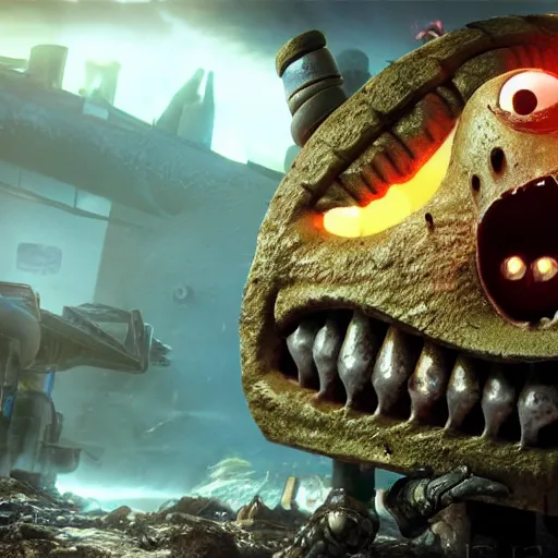 Image similar to evil large spongebob monster in gears of war, splash art, movie still, detailed face, photorealistic facial features, cinematic lighting, dramatic, octane render, long lens, shallow depth of field, bokeh, anamorphic lens flare, 8 k, hyper detailed, 3 5 mm film grain