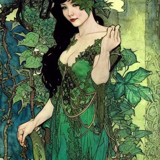 Prompt: a beautiful painting of poison ivy as a medieval chinese princess, dark eyeliner, intricate, elegant, highly detailed, digital painting, artstation, concept art, matte, sharp focus, illustration, art by rebecca guay and by arthur rackham and by alphonse mucha and by john william waterhouse