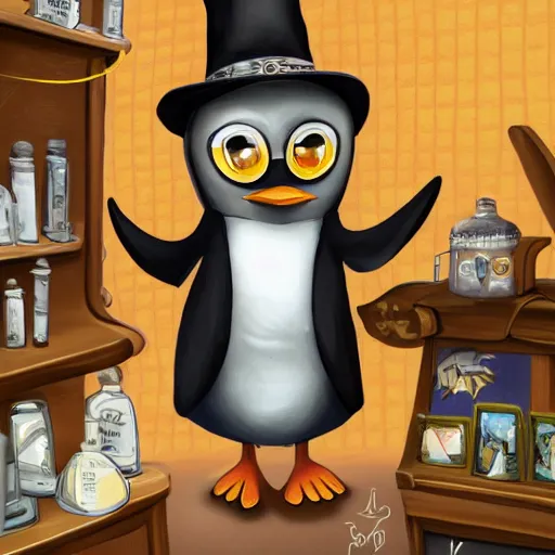 Prompt: MGT artwork of Anthropomorphized penguin shopkeeper in his shop, shelves full, selling a gem, portrait, items, magic potions, specimens in glasses, carpet, window, fancy funny hat, sly expression , cunning expression, cute expression, presenting magic gem, D&D, fantasy, cinematic lighting, highly detailed, digital painting, artstation, concept art, smooth, sharp focus, illustration, warm light, cozy warm tint, magic the gathering artwork, volumetric lighting, 8k, no gold, no gold colours, art by Akihiko Yoshida and Greg Rutkowski