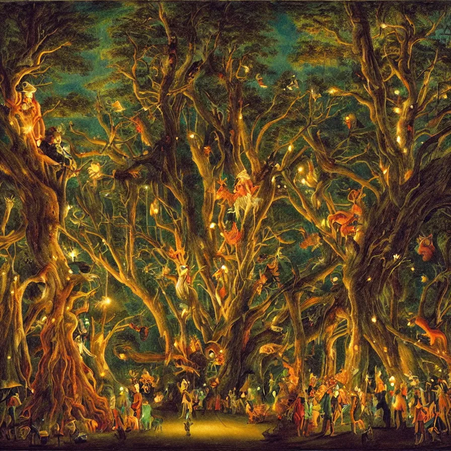 Prompt: a night carnival around a magical tree cavity, with a surreal orange moonlight and fireworks in the background, next to a lake with iridiscent water, christmas lights, folklore animals and people disguised as fantastic creatures in a magical forest by summer night, masterpiece painted by joseph von fuhrich, dark night environment