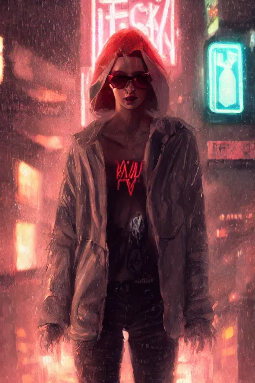 Image similar to beautiful portrait of a tall white female anthro fox smoking a cigarette towering head and shoulders above the bustling crowd of a rainy city street around her, cyberpunk clothes, cyberpunk, harsh neon lights, highly detailed, sharp focus, digital painting, illustration, trending on artstation, art by sakimichan, wlop, greg rutkowski