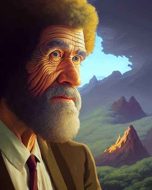 Image similar to highly detailed surreal vfx portrait of bob ross, stephen bliss, unreal engine, greg rutkowski, loish, rhads, beeple, makoto shinkai and lois van baarle, ilya kuvshinov, rossdraws, tom bagshaw, alphonse mucha, global illumination, detailed and intricate environment