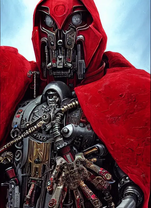Image similar to portrait of adeptus mechanicus in red hood and robe from Warhammer 40000. Highly detailed, artstation, illustration by and John Blanche and zdislav beksinski and wayne barlowe