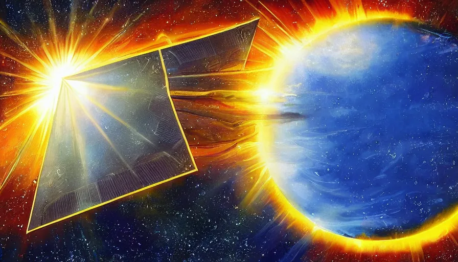 Image similar to solar sail infront of sun, in space, planet earth visible below, art deco painting