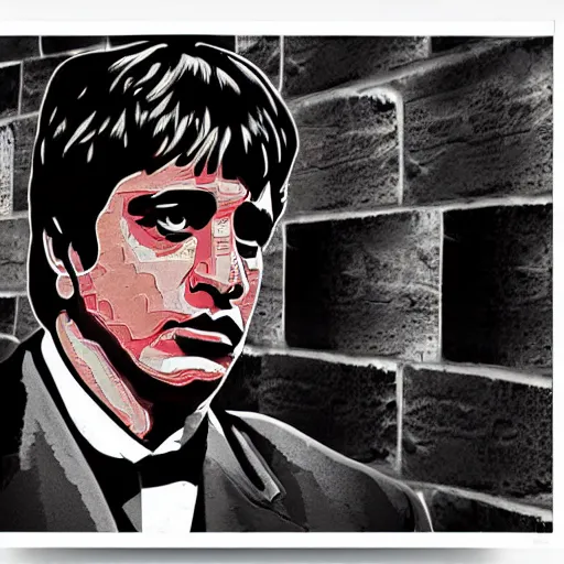 Prompt: a buffalo in the streets surrounded by bricks of flour digital illustration poster scarface, godfather, 8 k