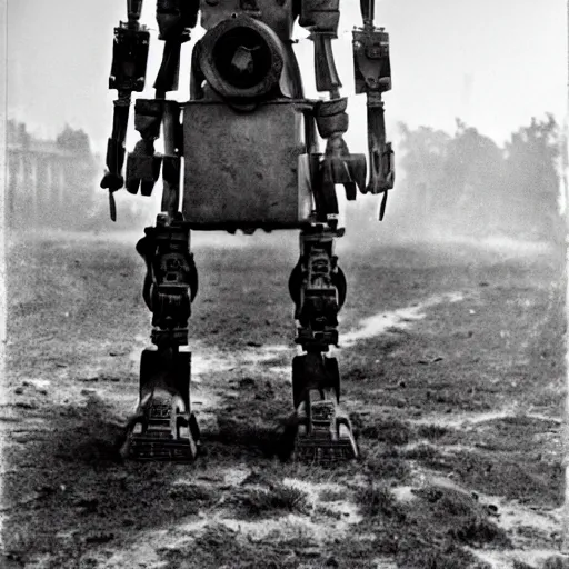 Prompt: world war one with robot mechs, black and white photograph, old photo, realistic wartime images, realistic, high quality, alternate history