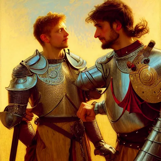 Image similar to attractive arthur pendragon and his attractive male knight, they are in love, natural lighting, path traced, highly detailed, high quality, digital painting, by gaston bussiere, craig mullins, alphonse mucha j. c. leyendecker