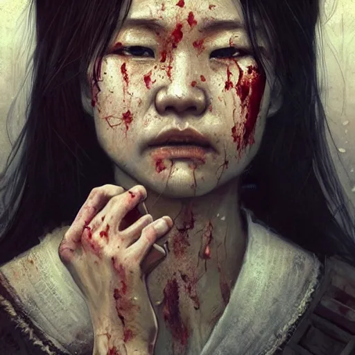 Prompt: portrait painting of a bloodied north japanese female butcher, ultra realistic, concept art, intricate details, eerie, highly detailed, photorealistic, octane render, 8 k, unreal engine. art by artgerm and greg rutkowski and alphonse mucha