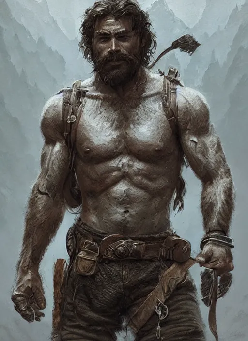 Prompt: portrait of a rugged ranger, muscular, upper body, hairy torso, D&D, fantasy, intricate, elegant, highly detailed, digital painting, artstation, concept art, smooth, sharp focus, illustration, art by greg rutkowski