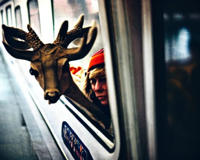 Image similar to a lomography photo of rumble between two human with deer head in soviet train this morning, bokeh,