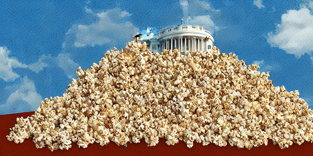 Prompt: mountain of popcorn burying the White House digital art high detail