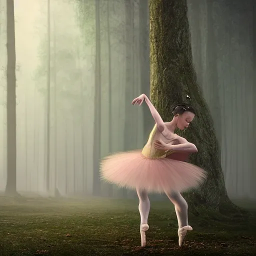 Prompt: ballerina dancing en pointe in a misty forest, cinematic atmosphere, arnold render, trending on artstation, cgsociety