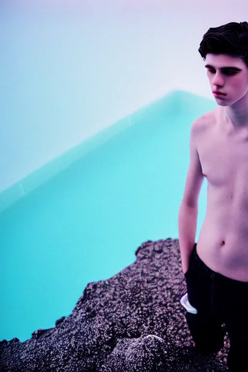 Prompt: high quality pastel coloured film mid angle docu photograph of a beautiful young 2 0 year old male, soft features, short black hair, maximalist clothing, in icelandic black rock pool environment. atmospheric. three point light. photographic. art directed. ( pastel colours ). volumetric light. clearcoat. waves glitch. 8 k. filmic.