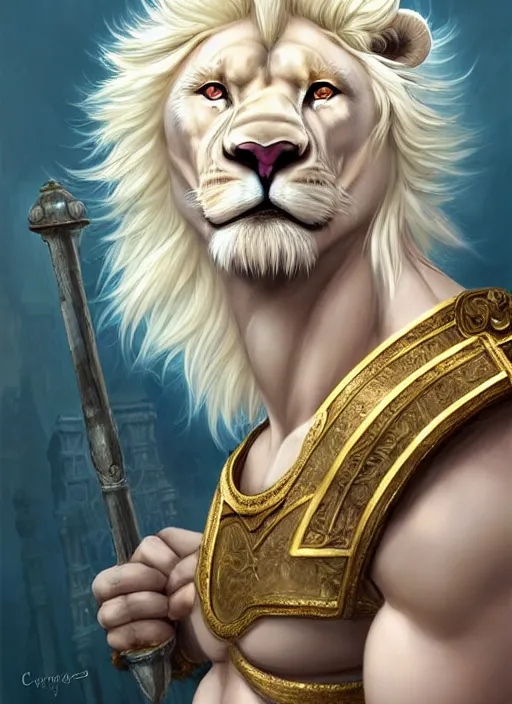 Prompt: aesthetic portrait commission of a of a male fully furry muscular anthro albino lion with a tail and a beautiful attractive hyperdetailed face, wearing ancient roman attractive gladiator outfit in a sci-fi dystopian roman coliseum at golden hour with crowds of people watching in the stadiums behind him. Character design by charlie bowater, ross tran, artgerm, and makoto shinkai, detailed, inked, western comic book art, 2021 award winning film poster painting