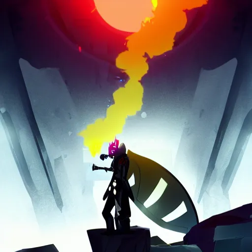 Image similar to poster soldier in trench coat looking up at crystal, hyperlight drifter, black color smoke, black rock shooter, wallpaper, hollow knight