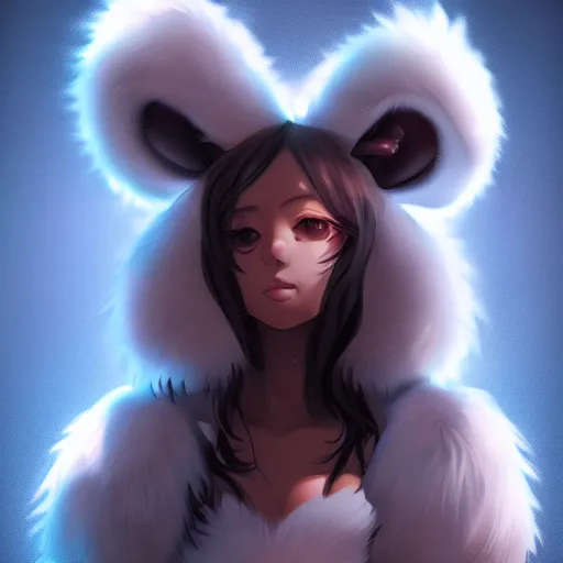 Image similar to cute furry girl with four arms, big fluffy ears, white fur and dark skin, dramatic lighting, cinematic, artstation, anime style