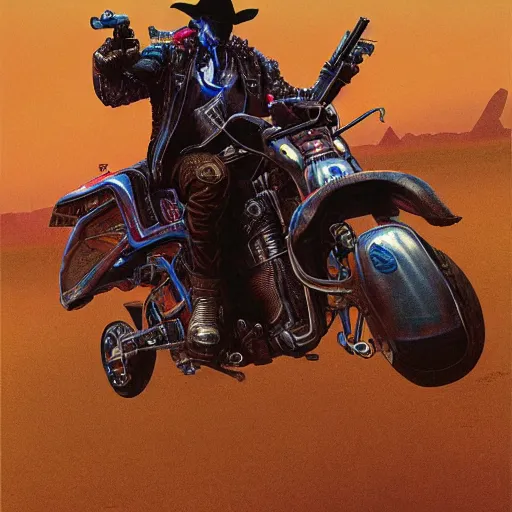 Image similar to a cyberpunk cowboy fully decked out in his cowboy hat, holsters, boots and spurs, sitting on a high tech motorbike, artwork by wayne barlowe