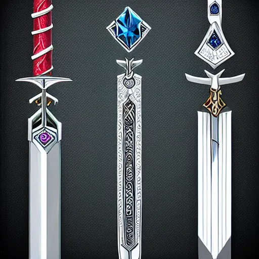 Image similar to Magical swords containing runes, diamonds and ethereal elements, stylized, clean