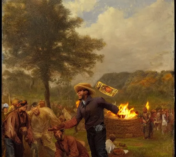 Image similar to landscape portrait of tyler childers throwing his money on a funeral pyre by william sidney mount, trending on artstation