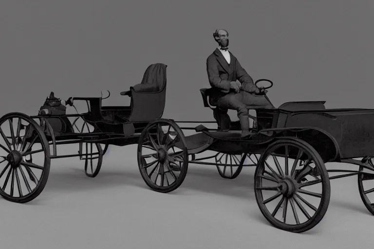 Image similar to still photo of the invention of the first car by karl benz in 1 8 9 3, highly detailed, photorealistic shot, bright studio setting, studio lighting, crisp quality and light reflections, unreal engine 5 quality render