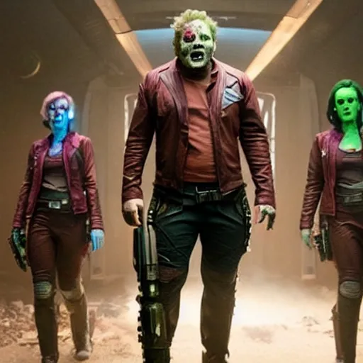 Prompt: film still of zombie danny devito as zombie starlord in guardians of the galaxy ( 2 0 1 4 )