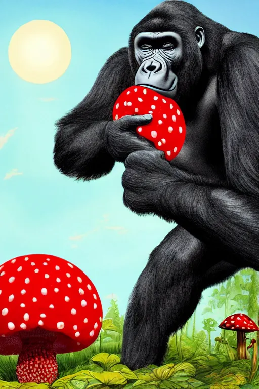 Image similar to gorilla holding an amanita muscaria, sunshine, by alba ballesta gonzalez and moebius. 4 k wallpaper, digital flat 2 d, japan animation, comic book, illustration, cinematic lighting, smooth sharp focus