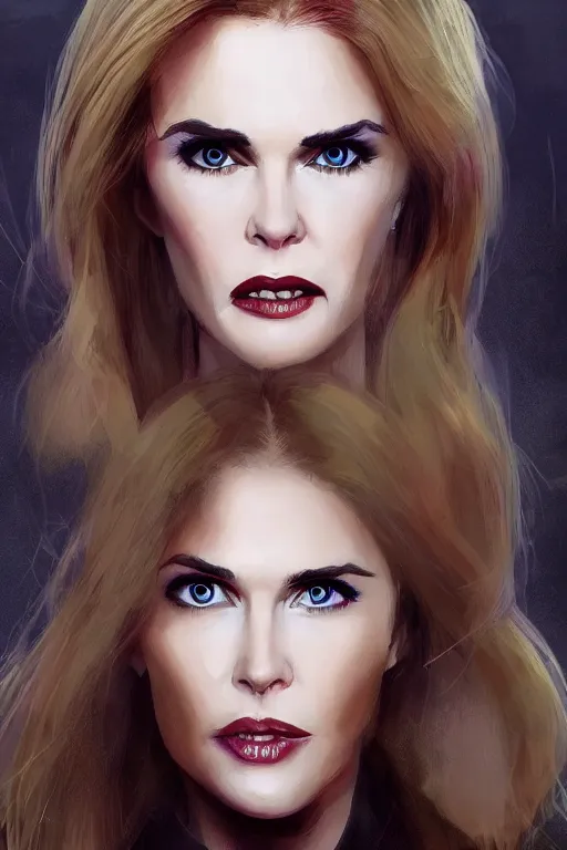 Image similar to mix of beautiful young maria shriver, mariel hemmingway, brooke shields, nicole kidman and elle macpherson as a vampire with mouth open with sharp teeth, thin lips, hair tied up in a pony tail, dark blonde hair, colorful, artstation, cgsociety