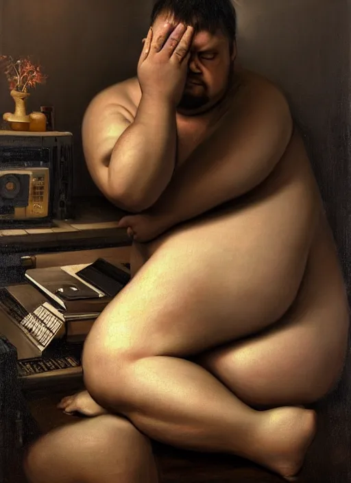 Image similar to insanely detailed chiaroscuro image of a exhausted - looking slightly fat casually - dressed programmer guy on his knees facing his glowing ultrawide computer monitor monitor begging it for forgiveness, oil on canvas, masterwork, fine detail, trending on artstation, emotive, insanely compelling, ryden, greg rutkowsky, moebius