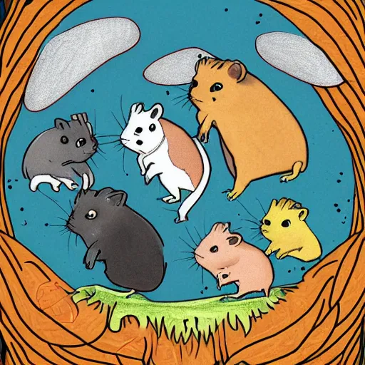 Prompt: the occult hamsters surrounding the sigil waiting for the rift to stabilize, digital art