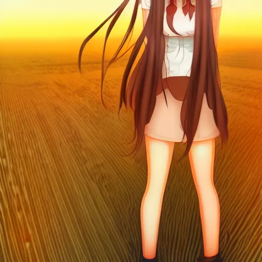 Image similar to Holo from Spice and Wolf standing in a wheat field at sunset, Holo is a wolf girl, high detail, trending on pixiv