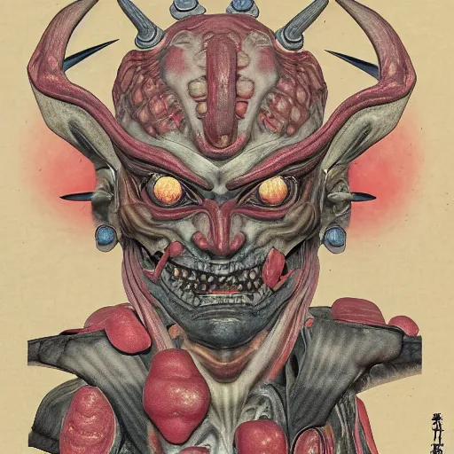 Prompt: japanese demon with deconstructed organs, face, bust, anatomical description, low pastel coloration, complex lights, highly detailed, 8 k