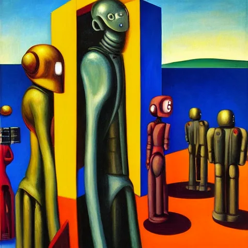 Image similar to robot parade, pj crook, edward hopper, oil on canvas