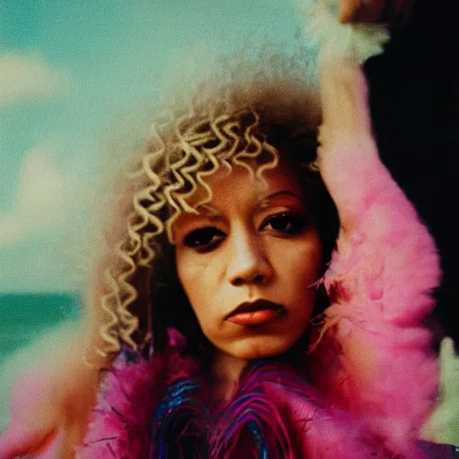 Image similar to realistic photoshoot for a new Jimi Hendrix lookbook, psychedelic clothes, color film photography, portrait of a beautiful blonde woman, in style of nan goldin, 35mm